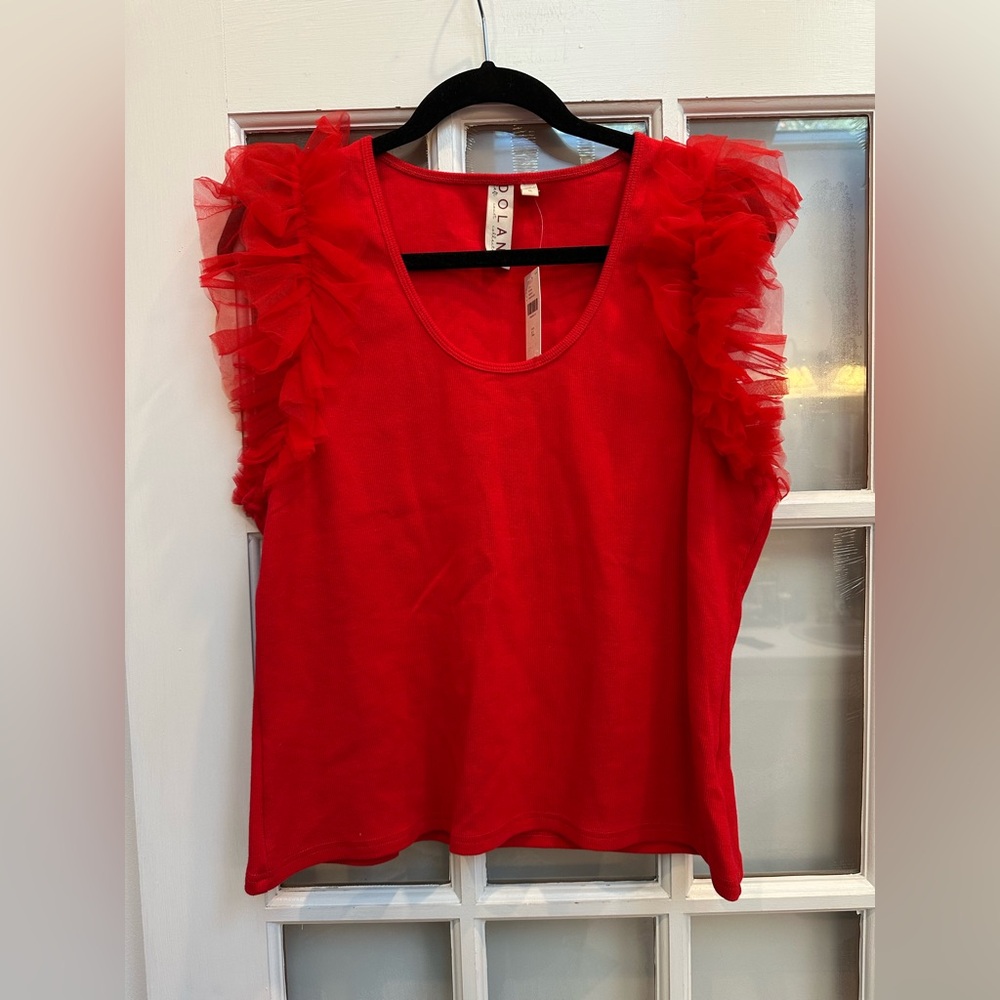 Anthropologie DOLAN Left Coast Tulle Sleeve Tank Top Blouse Red Chic Size XL - Picture 11 of 11